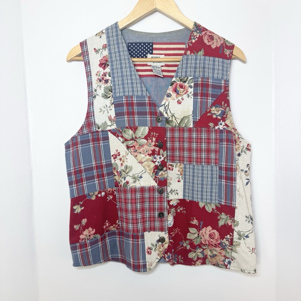 Koret City Blues Vest Womens S Vintage Floral Patriotic Patchwork Grandmacore